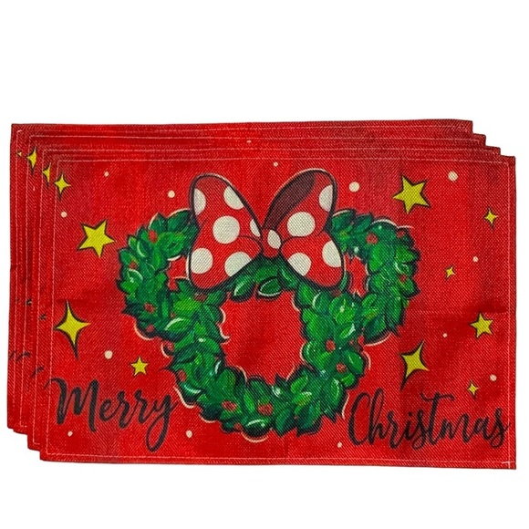 Christmas Placemats Disney Minnie Mouse Mouse Wreath Festive Holiday Red 4 Piece - Picture 4 of 16
